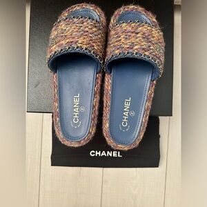 Chanel multicolor blue purple tweed leather CC chain mules sandals WITH BOX.